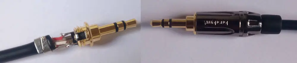 3.5mm TRS Jack open with freshly soldered cables visible and closed